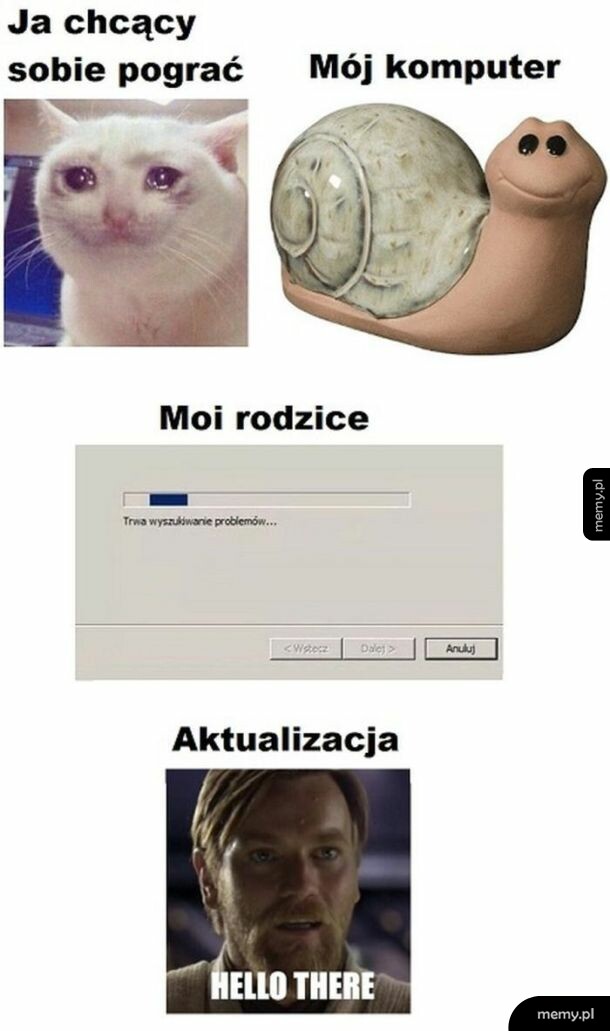Kotek, ślimak, ekran z komunikatem o błędzie, postać z filmu.
