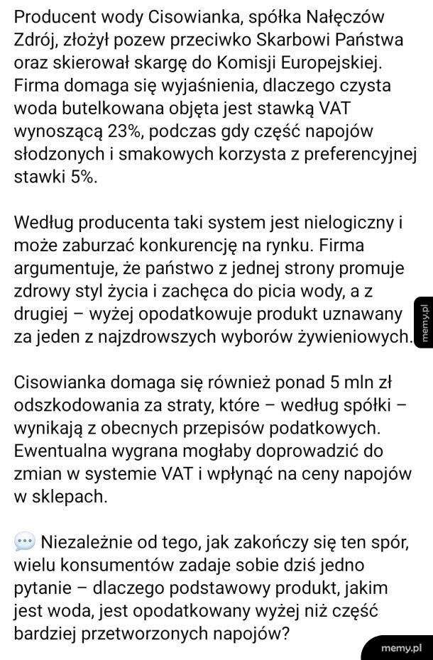 Tekst dotyczący sporu producenta wody Cisowianka z rządem o stawkę VAT na napoje.
