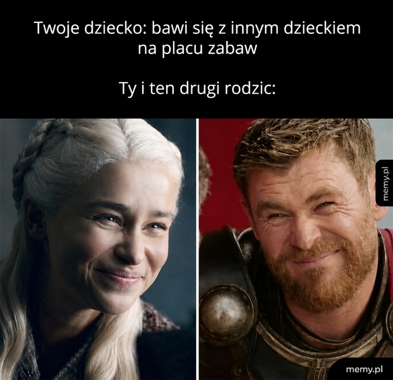 Dwie postacie z uśmiechami, jedna z długimi włosami, druga z brodą.