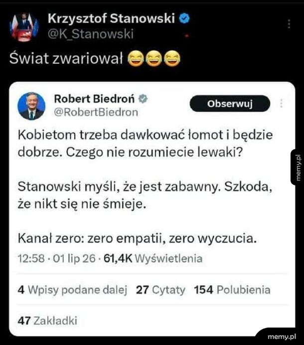 Tweet z krytyką i komentarzem na temat kobiet i polityki.