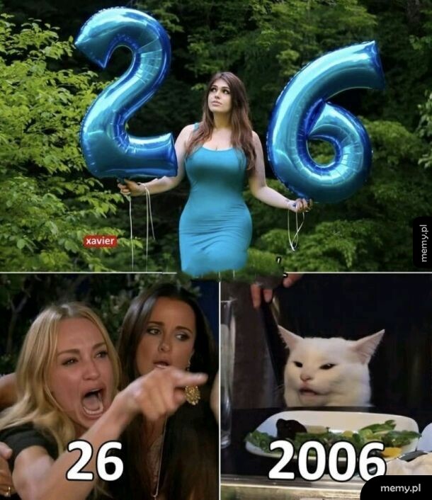 Kobieta trzymająca balony z cyframi 26, obok zdjęcia z emocjonalnymi reakcjami i kotem.