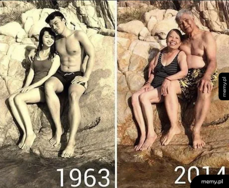 Dwie fotografie pary na plaży, po lewej z 1963 roku, po prawej z 2014 roku.