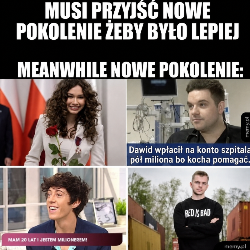 Cztery zdjęcia przedstawiające różne osoby i sytuacje związane z nowym pokoleniem.