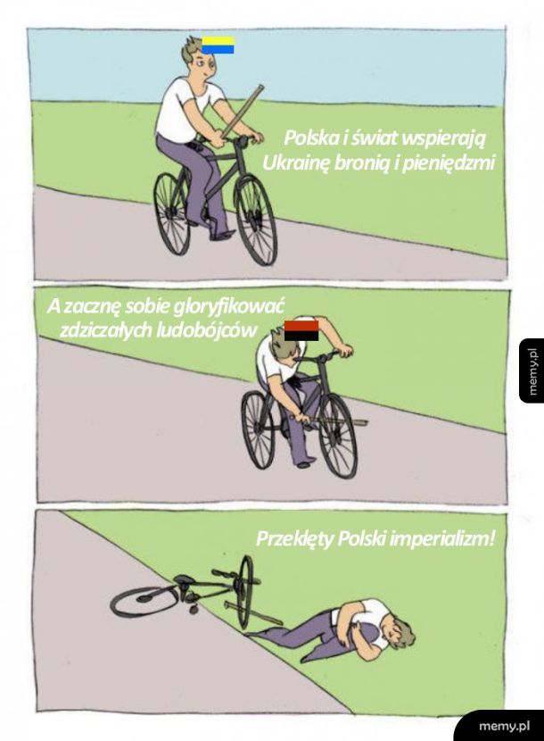 Mężczyzna na rowerze, upadający na ziemię.