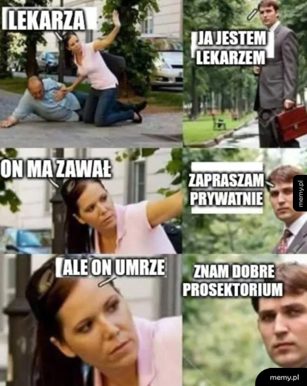 Kobieta w białym fartuchu medycznym pomaga mężczyźnie leżącemu na ziemi, obok mężczyzna w garniturze.