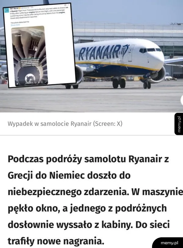 Samolot Ryanair na pasie startowym, z widocznym uszkodzeniem.