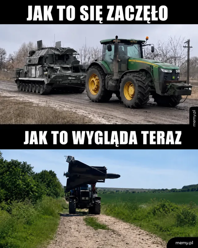Traktor ciągnący pojazd wojskowy na drodze, a obok nowoczesny pojazd z rakietą na polu.