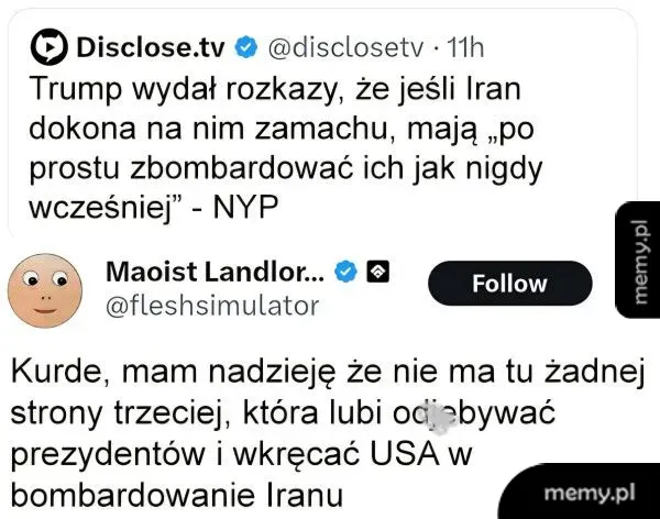Tekst z tweetów dotyczący Trumpa i Iranu oraz nadziei na brak trzeciej wojny.