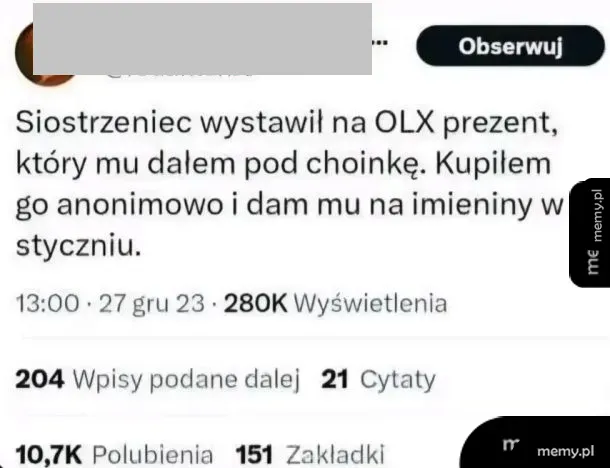 Post z OLX dotyczący prezentu dla siostrzenicy.
