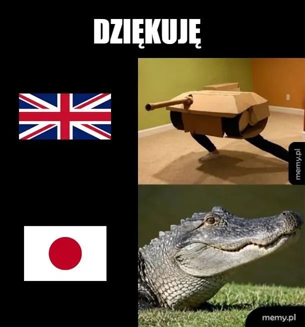 Osoba w kartonowym czołgu i krokodyl na tle flag.