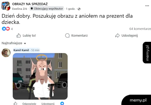 Post na Facebooku z prośbą o obraz z aniołem na prezent dla dziecka.