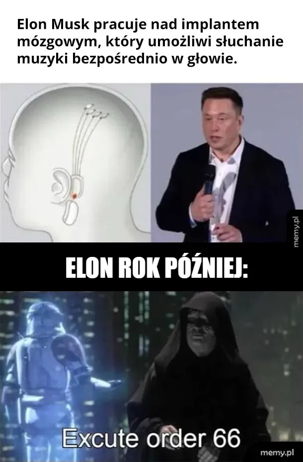Mężczyzna na scenie prezentuje technologię implantu mózgowego, obok rysunek ucha wewnętrznego.