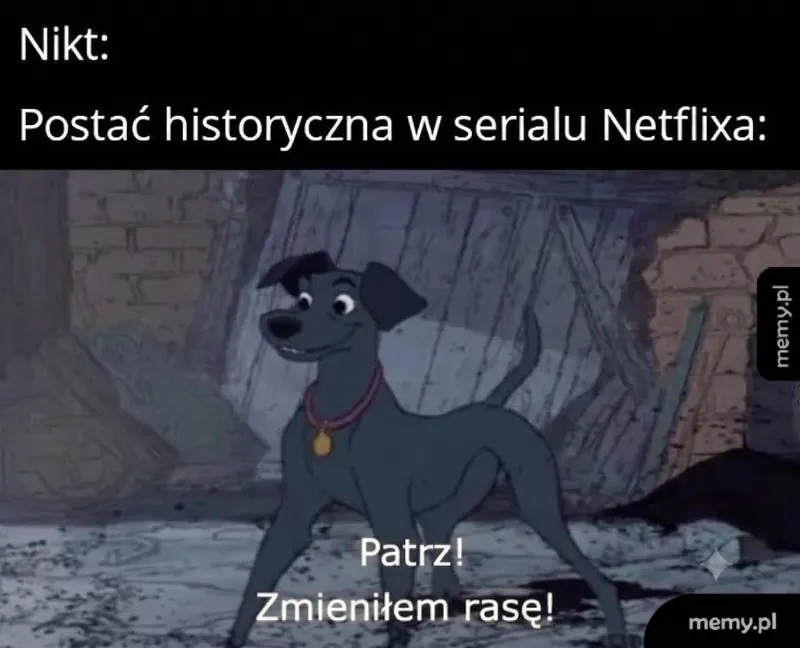 Pies w ruinach z napisem o zmianie rasy.
