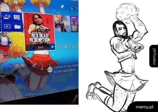 Postać w stroju cheerleaderki z grą Red Dead Redemption na ekranie.