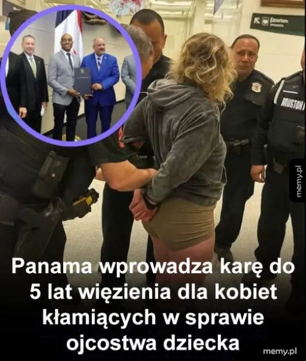 Grupa mężczyzn w garniturach oraz policjanci z aresztowaną kobietą.