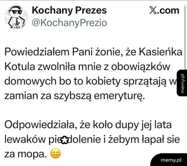 Tekst z mema o rozmowie między mężem a żoną na temat obowiązków domowych.