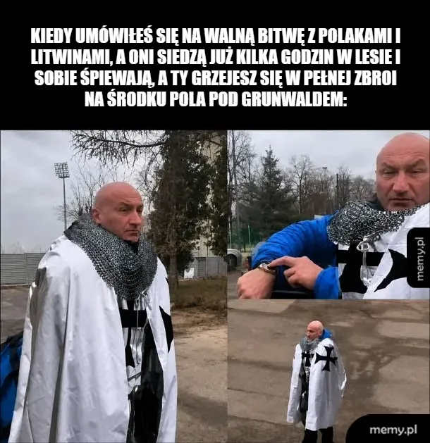 Mężczyzna w zbroi z krzyżem na plecach, stojący w lesie.