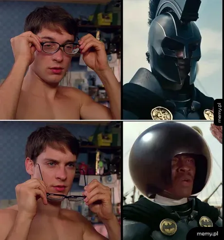 Mężczyzna zakłada okulary, zmieniając się w różne postacie z filmów.