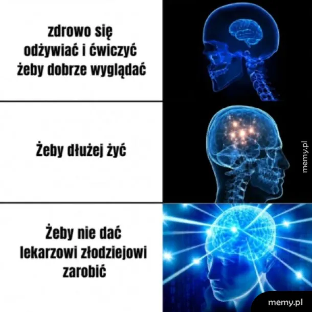 Trzy poziomy z grafiką mózgu, przedstawiające różne podejścia do zdrowia.