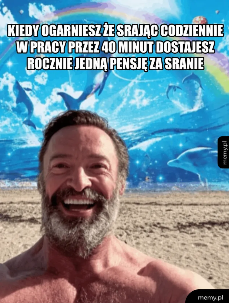Mężczyzna z uśmiechem na plaży, w tle tęcza i delfiny.