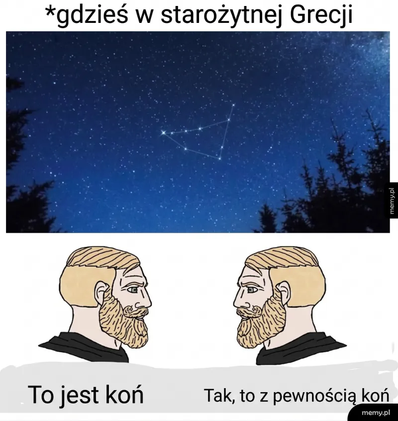 Dwóch mężczyzn patrzy na gwiazdy, z konstelacją w tle.