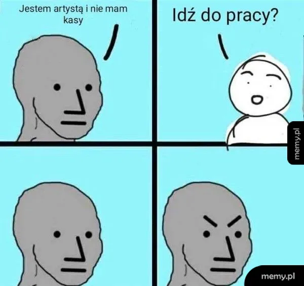 Postać z szarym, neutralnym wyrazem twarzy rozmawia z inną postacią.
