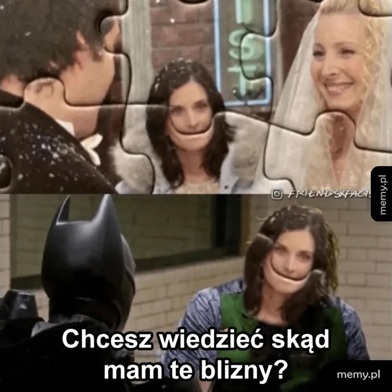Kolaż z postaciami z serialu i Batmana, z niecodziennymi uśmiechami.