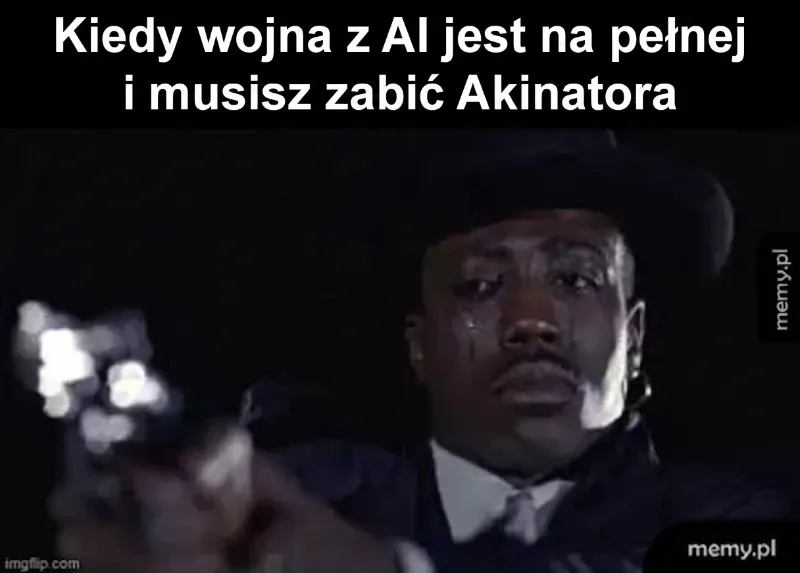 Mężczyzna w kapeluszu trzyma broń, wygląda na zdeterminowanego.