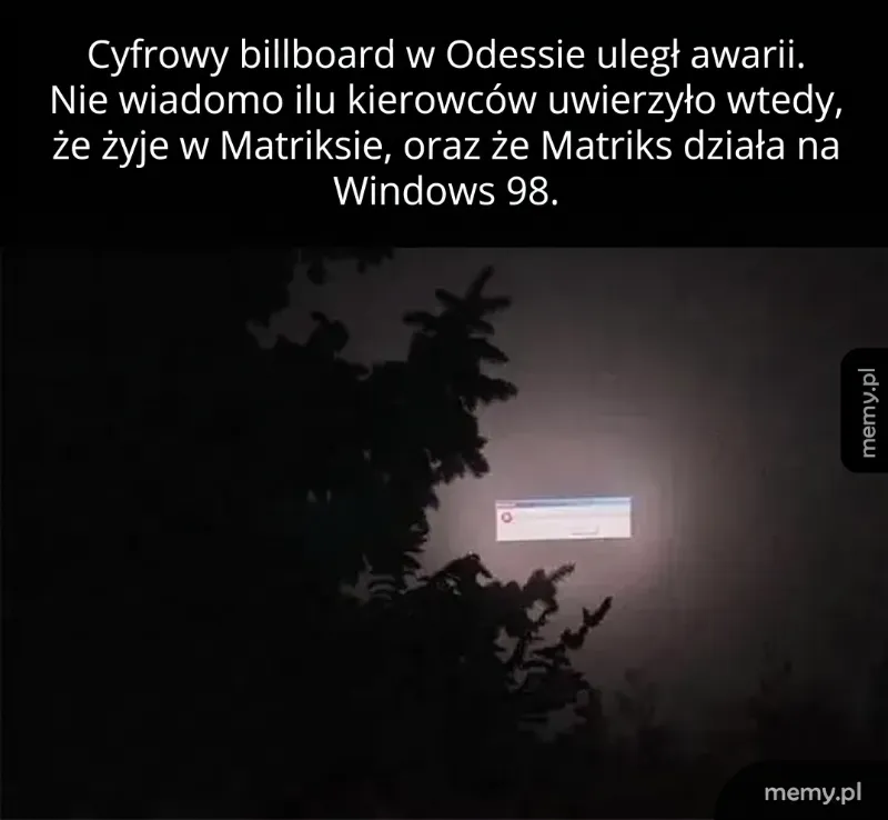 Ciemne tło z cyfrowym billboardem i komunikatem o błędzie Windows 98.