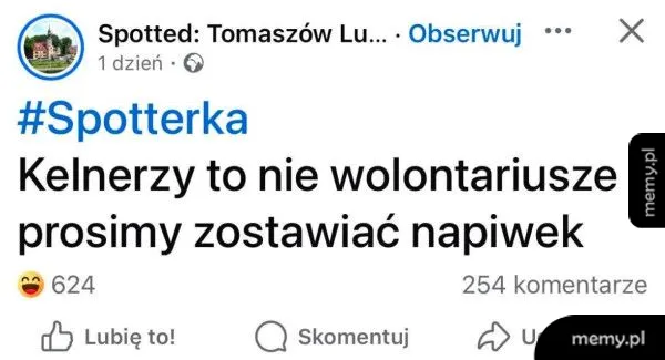 Post na Facebooku z tekstem o kelnerach i napiwkach.
