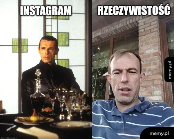 Porównanie dwóch mężczyzn w różnych kontekstach: elegancki przy stole i nieformalny w domu.
