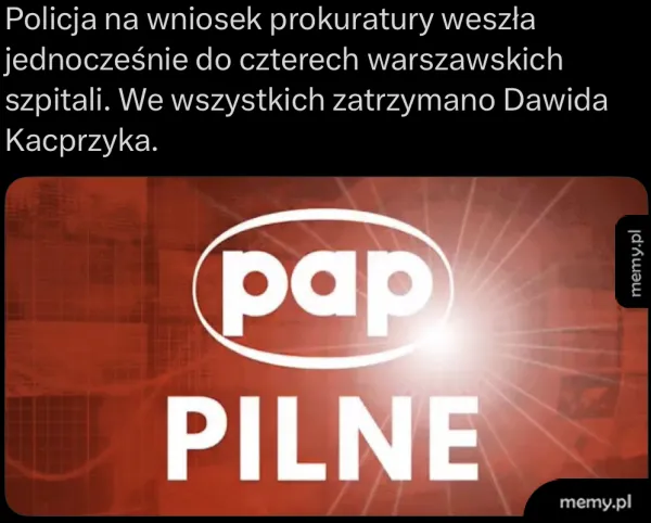 Informacja o zatrzymaniu Dawida Kacprzyka przez policję w Warszawie.