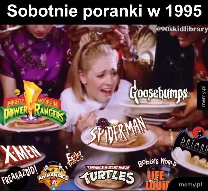 Kobieta w szoku otoczona przez postacie z lat 90-tych, jedząca makaron.