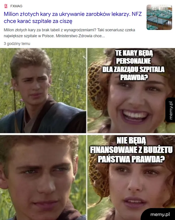 Trzy kadry z filmu, w których postacie rozmawiają o szpitalach i finansach.