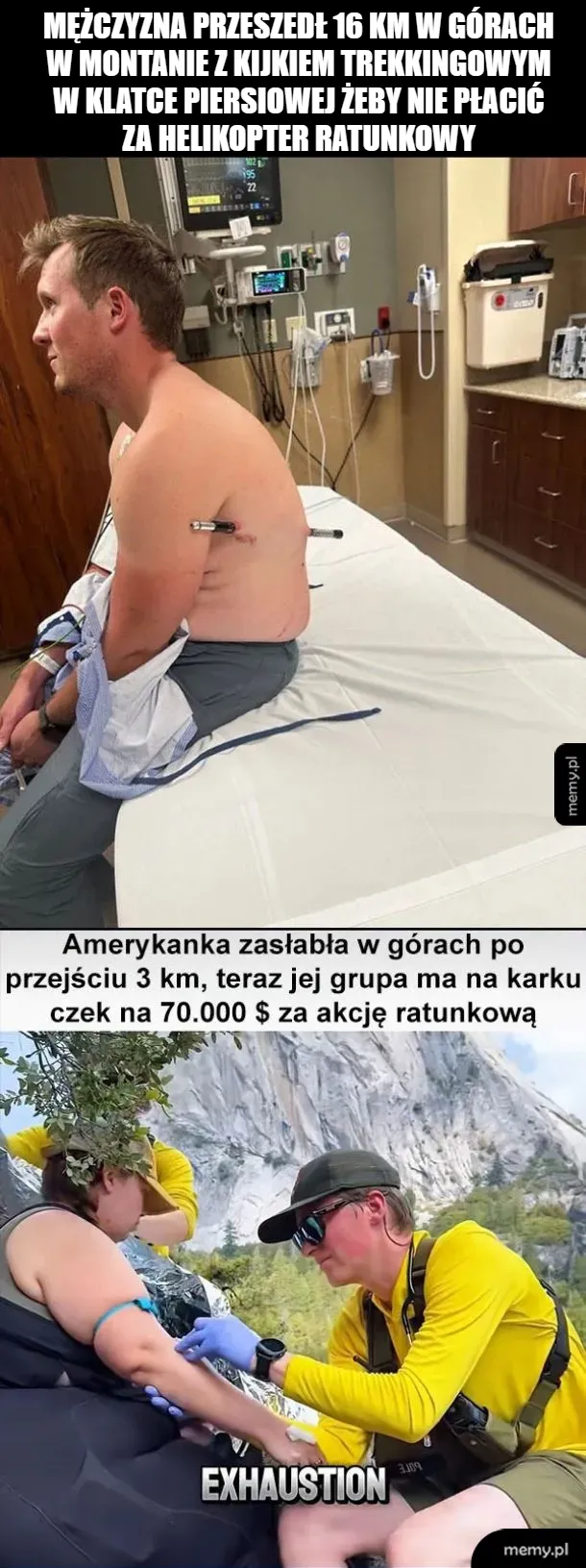 Mężczyzna z kontuzją siedzi na skale, obok ratownicy medyczni.