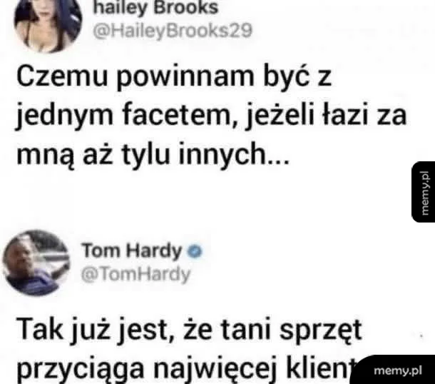 Kobieta zadaje pytanie o związki, mężczyzna odpowiada o tanim sprzęcie.