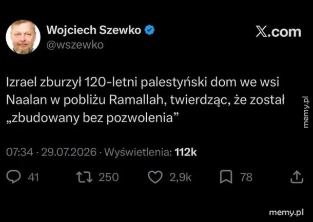Tweet o zburzeniu palestyńskiego domu w Naalan.