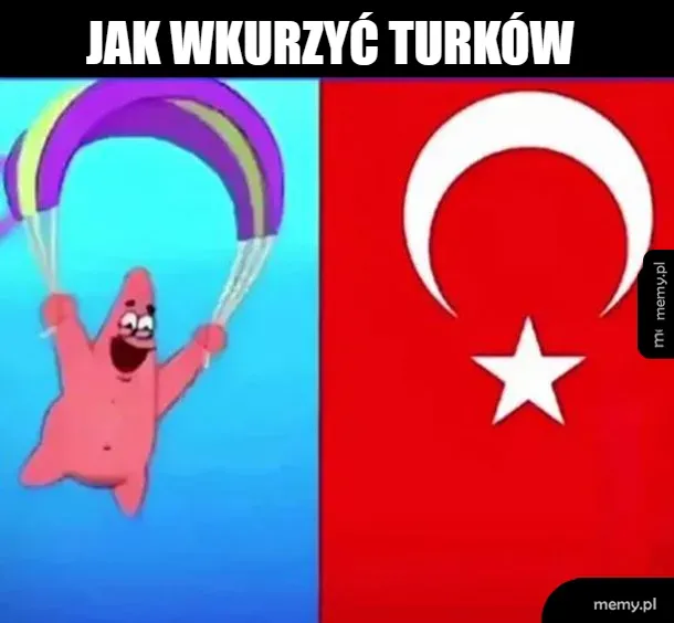 Postać w różowej koszulce z spadochronem na tle flagi Turcji.