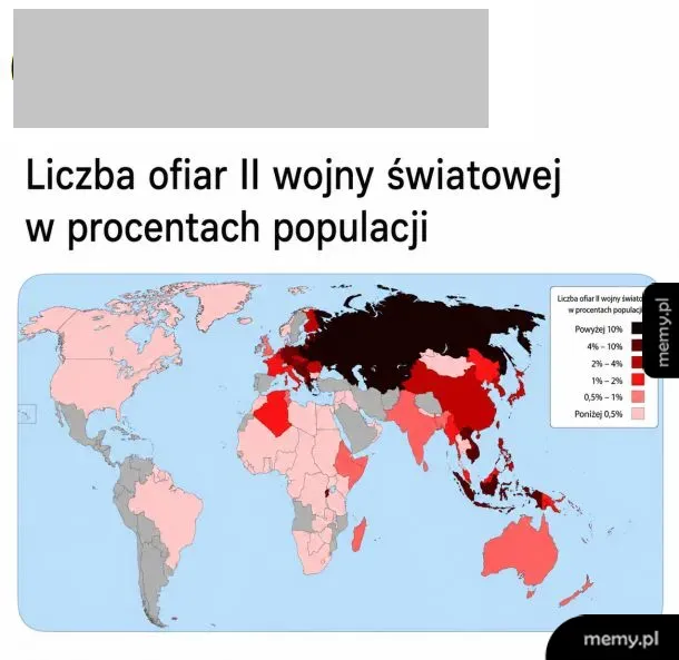 Mapa świata z zaznaczonymi krajami i procentowym udziałem ofiar II wojny światowej.