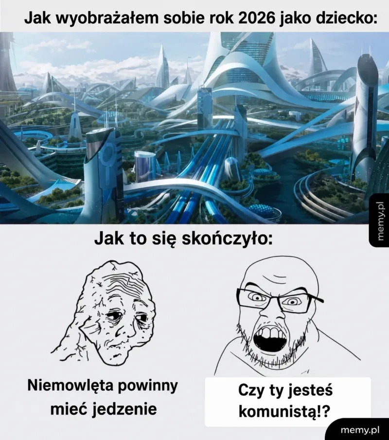 Futurystyczne miasto z nowoczesną architekturą i zniszczoną postacią.