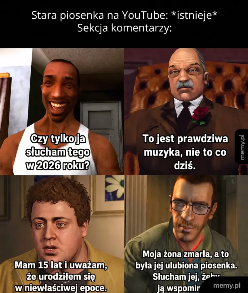 Cztery postacie z różnych gier wyrażają różne emocje i komentarze.