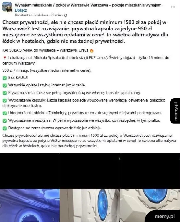 Ogłoszenie o wynajmie kapsuły w Warszawie za 950 zł miesięcznie.