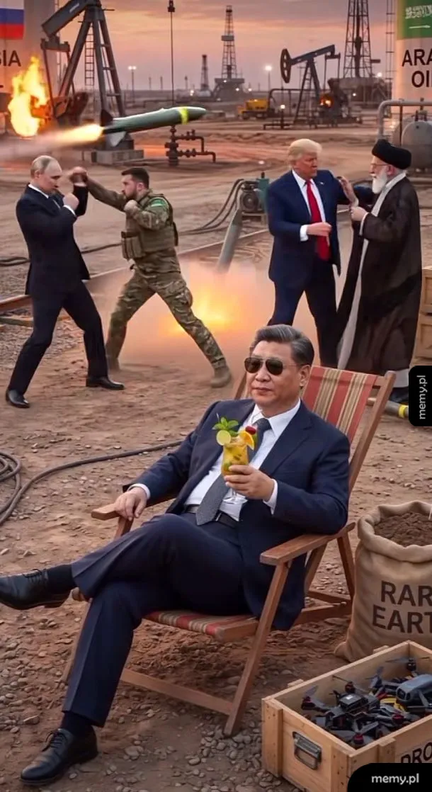 Mężczyzna w okularach przeciwsłonecznych siedzi z drinkiem, w tle zamachy i politycy.