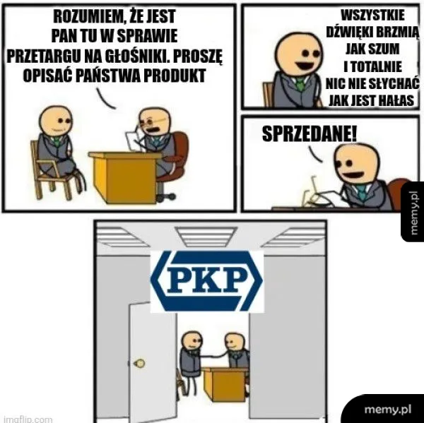 Dwie postacie w biurze, jedna z nich rozmawia o głośnikach.