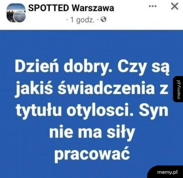 Niebieskie tło z białym tekstem pytającym o świadczenia z tytułu otyłości.