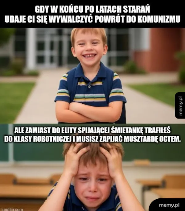 Chłopiec z uśmiechem i smutkiem na twarzy.