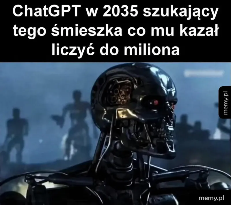 Robot z futurystycznego filmu z tłem innych robotów.