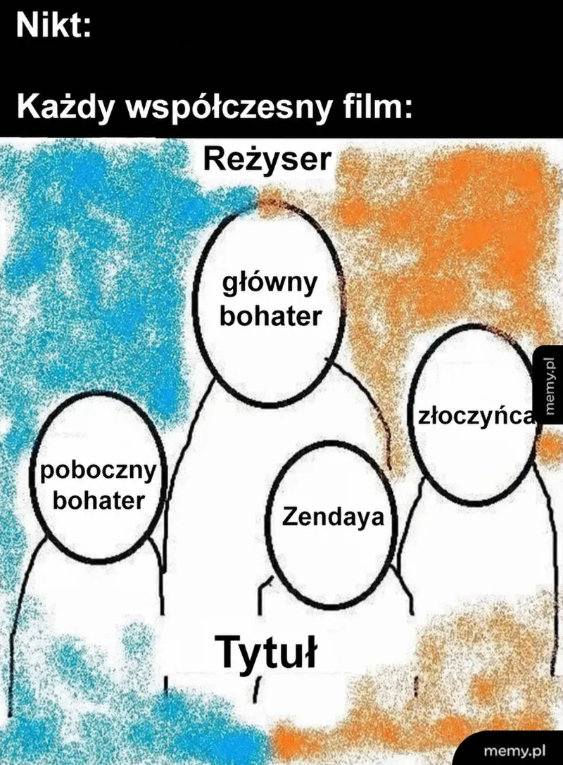 Cztery postacie na tle w kolorach niebieskim i pomarańczowym, z napisami.