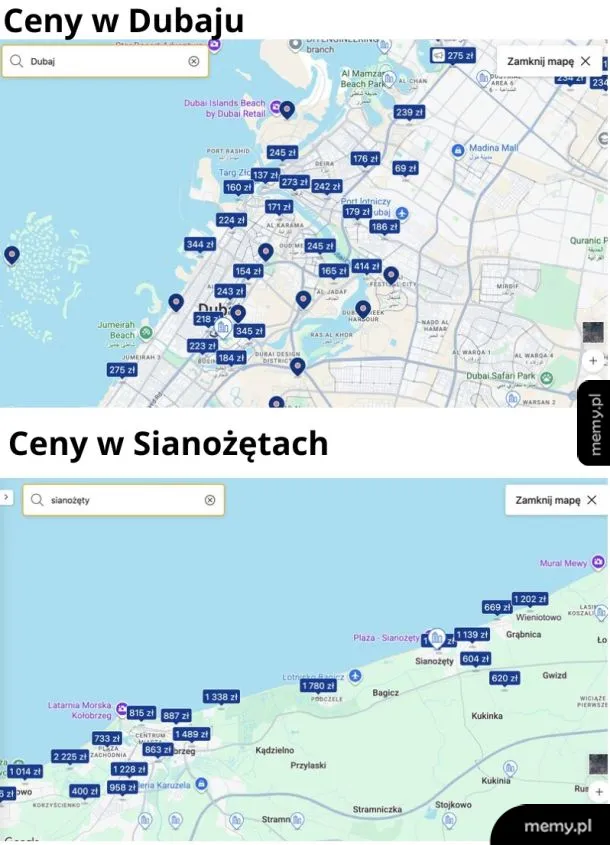 Mapa z cenami w Dubaju i Sianożętach.