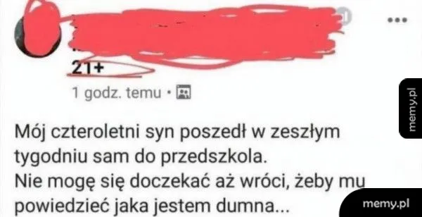 Post na Facebooku z tekstem o synu idącym do przedszkola.